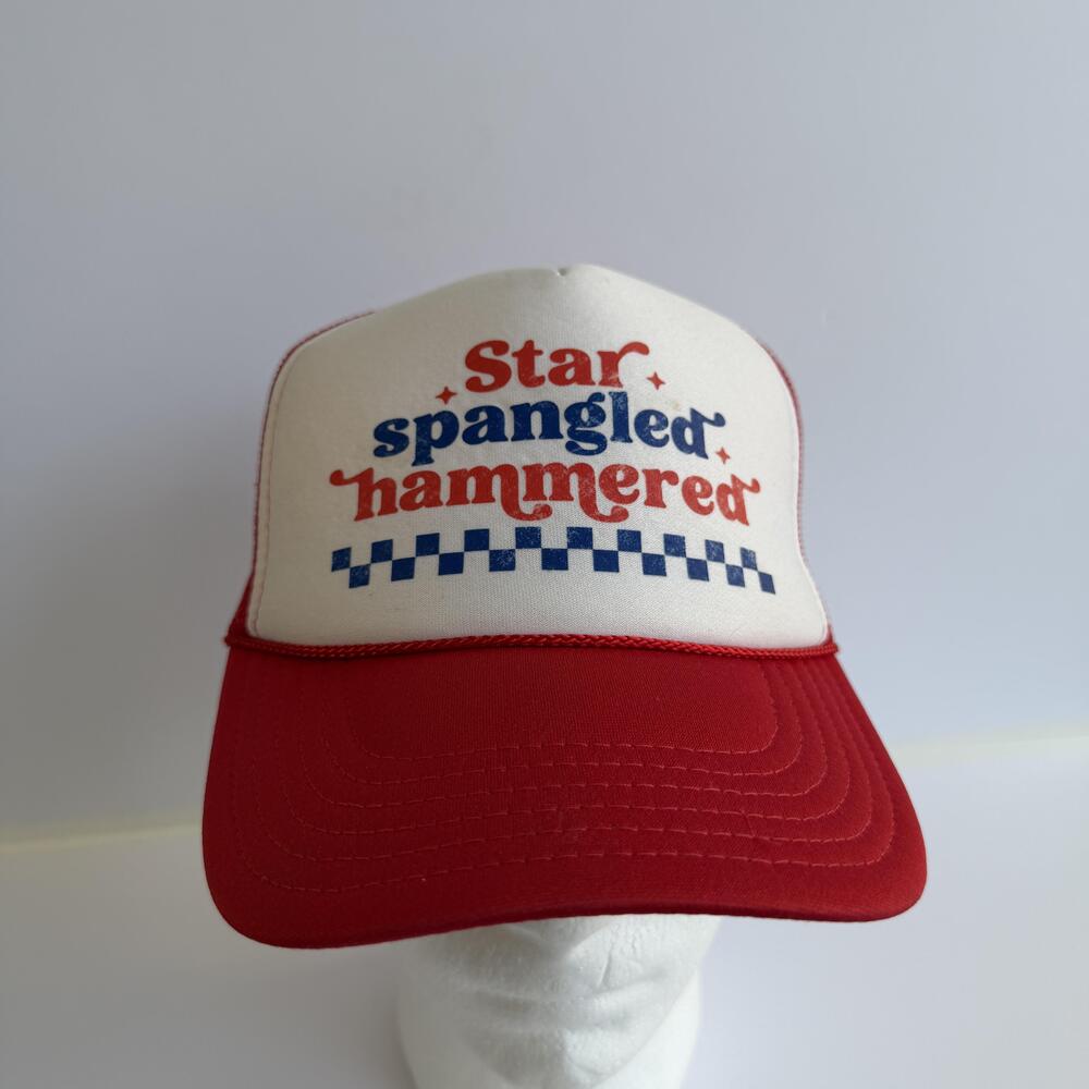 Otto Star Spangled Hammered Hat Cap Snap Back One Size Red Mesh Trucker USA